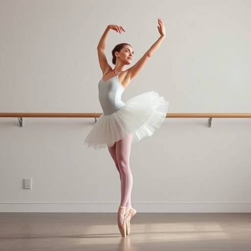 A ballet dancer gracefully performing a pose in a dance studio.