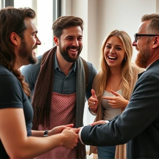 A group of actors participating in an improvisation exercise, laughing and engaging with each other.