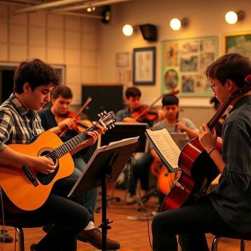 A group of students practicing various instruments in a music class.
