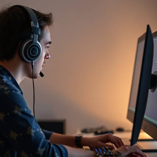 A person wearing headphones and using a computer, symbolizing accessible audio-visual content.