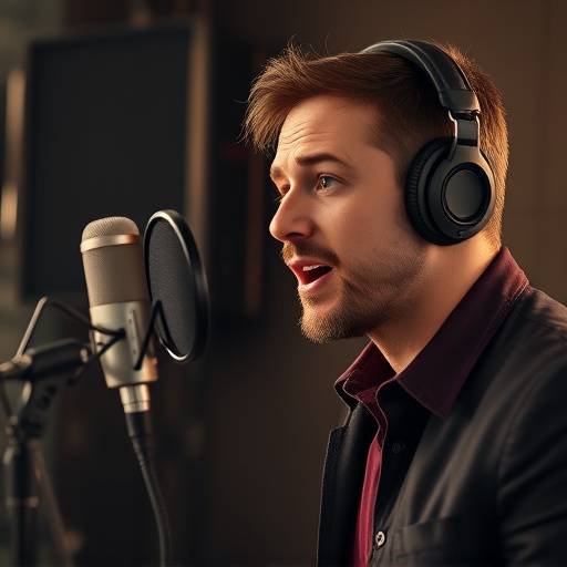 A voice actor speaking into a microphone in a recording studio, demonstrating vocal control and expression.