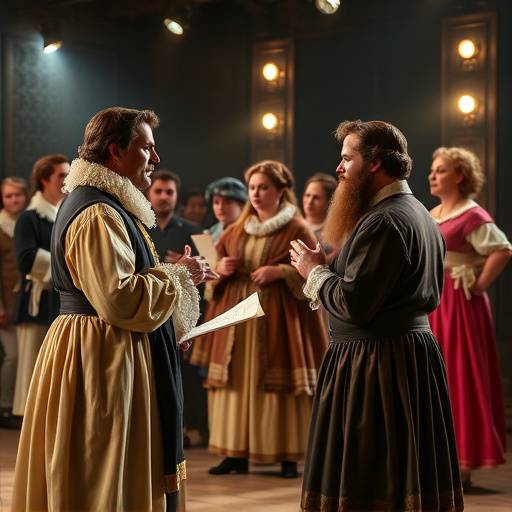 Actors rehearsing a scene from a Shakespearean play, wearing period costumes.