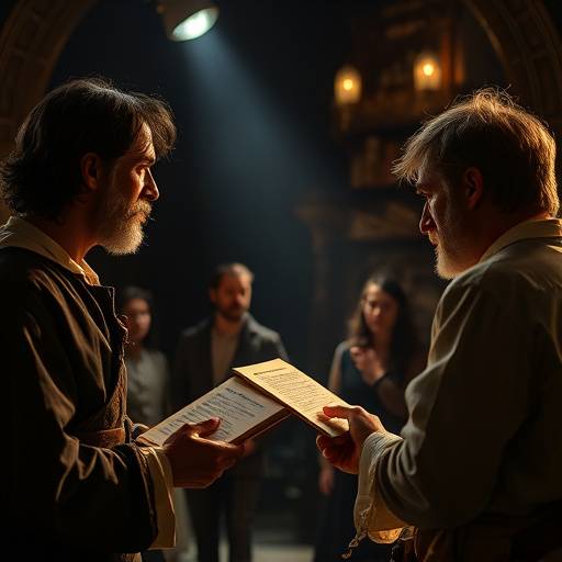 Actors rehearsing a scene from a Shakespearean play, emphasizing language and dramatic interpretation.