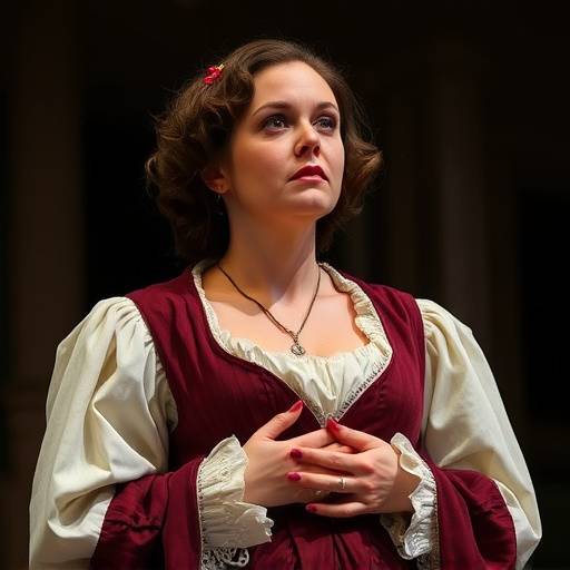 Eleanor Vance performing on stage in a production of Hamlet, dressed in a period costume.