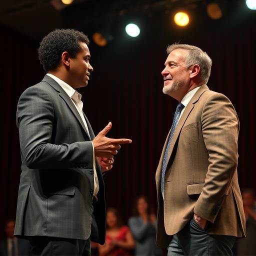 Marcus Jackson performing on stage in a comedic play, interacting with another actor.