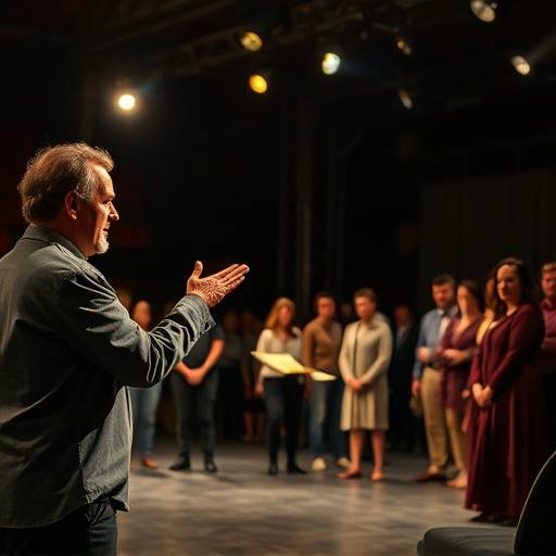 Samuel Davis directing a play, giving instructions to the actors on stage.