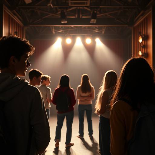 Students working backstage on set design and lighting for a theatrical production.