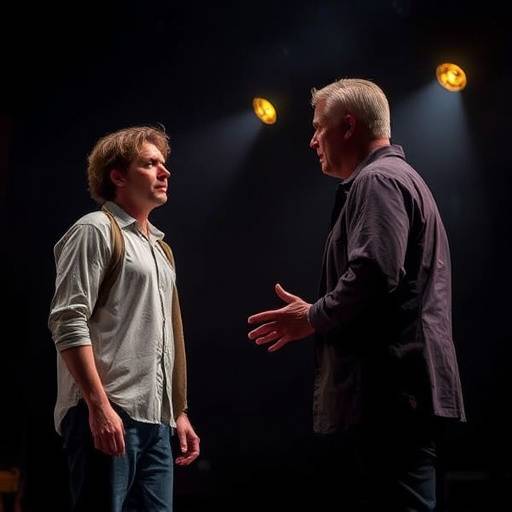 Two actors performing a scene on stage, engaging with each other dramatically.